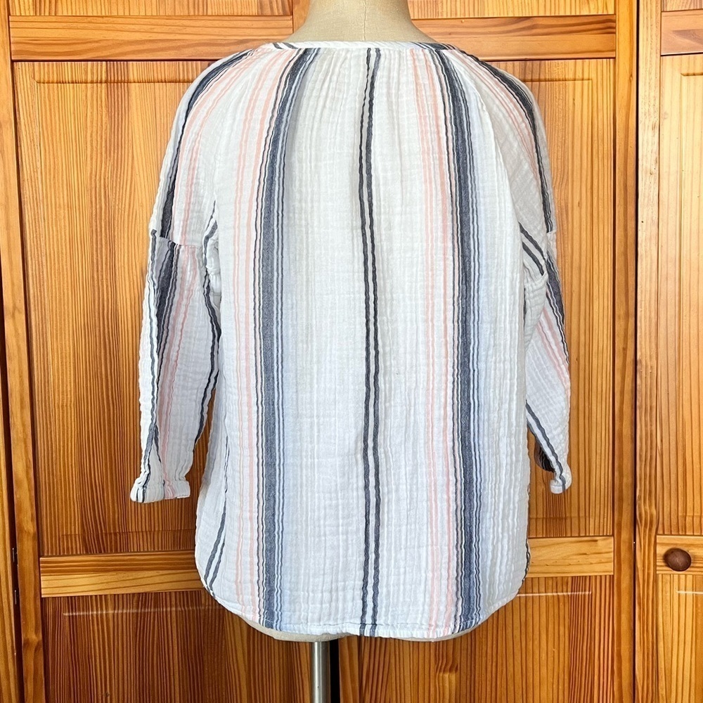 Beach Lunch Lounge Medium Cotton Pastel Stripe Neutral Shirt Coastal Casual Soft - Picture 3 of 9
